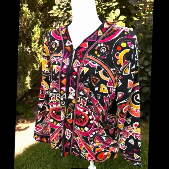 “Modern art to wear”bright colours on black w/sequins & beads embellished jacket - Picture 10 of 15